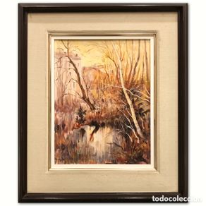 Arte: “Paisaje Otoñal con Lago y Arquitectura” Eudald, Segunda Mitad del S.XX, Óleo sobre panel